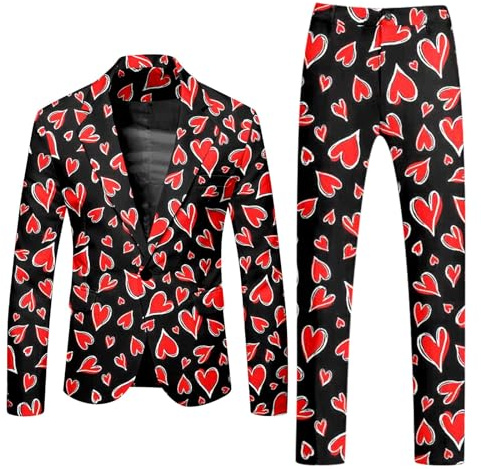 Vestito per San Valentino, da uomo, con stampa a cuore, 2 pezzi, giacca e pantaloni slim fit, abito da uomo, divertente per feste stampato, tuta per il tempo libero, Nero , L