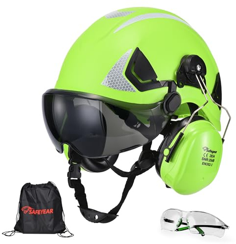 Safeyear Casco de Obra Homologado EN397 para Construcción, Casco de Seguridad con Orejeras Antiruido SNR 25dB y Visera Facial para Motosierra y Desbrozadora, Casco de Trabajo ABS con Gafas de Regalo