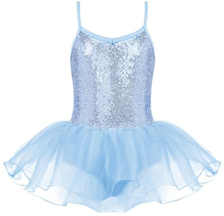 Zaclotre Little Girls Sequin Leotard Sparkly Strap Ballet Leotards Tutu Dress Ballerina Outfit Dance Costume for Kids Blue Size 6-7 Years