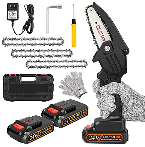 Mini Chainsaw Cordless Upgrade with 3 Chain 24V Strong Power 2 Batteries and Charger, OneLeaf Portable Handheld Battery Chainsaw, Small One-Handed for Gardening Pruning, Tree Trimming