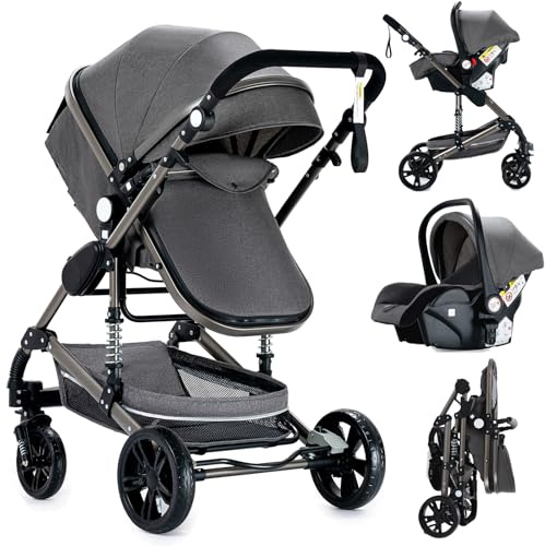 3 i 1-resesystem, kombibarnvagn för spädbarn, höglandskapsbarnvagn, vikbar standardbarnvagn för nyfödda, barnvagn, baby travel-system (739 grå)