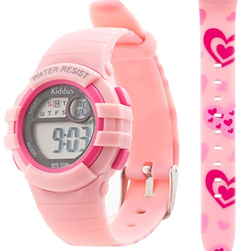Kiddus Reloj Digital para niñas y niños. con cronómetro, Calendario, Despertador y luz. Resistente al Agua. Deportivo, Luminoso, de Pulsera, LED. De 3 a 12 años