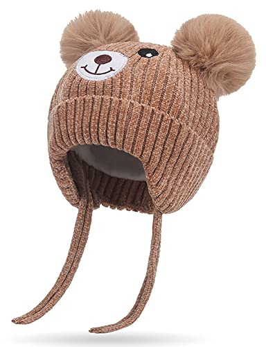 Chapeau d'hiver Enfants avec Oreillettes 1-5 ans Bébé Fille Garcon Bonnet Hiver Tricoté Ours Casquette Chaud Enfant Hiver Chapeaux doublée en Polaire avec Pompon