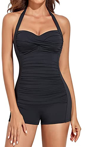 AmzBarley Womens Swimming Costumes 1-Piece Swimwear Tankini Bathing Suit Bikinis Halter Neck High Waist Tummy Control Ruched Boyleg Swimsuit Black L