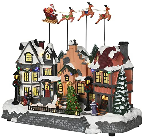 HOMCOM Weihnachtsdorf Weihnachtsdeko mit LED Tischdeko Weihnachtsstadt Winterlandschaft Winterdorf mit beweglichen Weihnachtsmann und Hirsch 38,5 x 20,5 x 33 cm