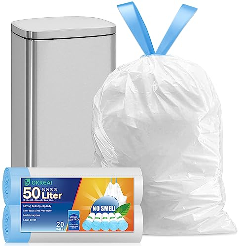 OKKEAI 50L Bin Liner Kit - Heavy Duty Tall Swing Rubbish Bags, 20 Counts Plastic White Trash Bags with Drawstring Tie Handle, Fit 40-60 Liter Bin
