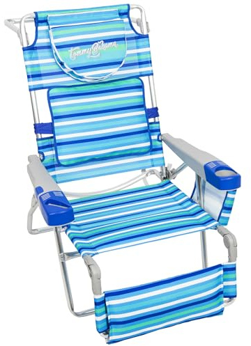 Tommy Bahama 4-Position Face-Opening Read Through Lounger with Ottoman, Portable Folding Beach Chair, Blue Stripe
