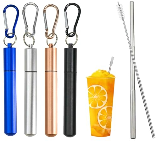 Mauepersu in acciaio inossidabile 4-cannucce riutilizzabili in metallo paglia 10 a 22.5cm cannuccia telescopica con spazzola di pulizia e anello chiave (Blu/Argento/Nero/Oro rosa)