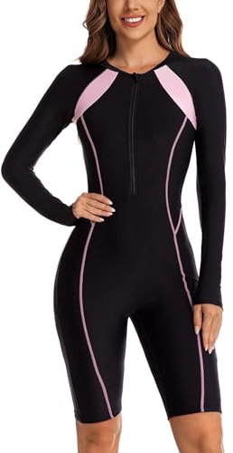 ECUPPER Womens One Piece Rash Guard Zip Up Swimsuit Long Sleeve Boyleg Athletic Surf Swimwear Short Wetsuit Built in Bra Black-4 Large