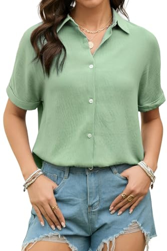 Stamain blus damer kortärmad muslinskjorta blus damer sommar ledig blus skjorta enfärgad elegant V-ringad kortärmad blus, Grön, XL