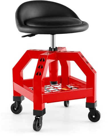 GYMAX Tabouret d'Atelier à roulettes, avec Porte-Outils, Siège Réglable en Hauteur 57-70cm et Pivotant à 360°, Rembourrage d'Éponge Confortable, pour Usine, Garage, Réparation, Mécanicien (Rouge)
