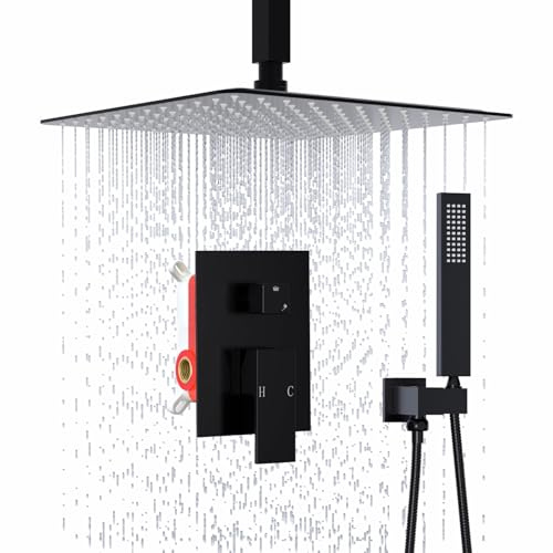 Matte Black Concealed Shower System, 16 Inch Rainfall Shower Head with Handheld Spray, 2 Function Shower Mixer Set with Rough-in Valve, High Pressure Shower Faucet Combo Set