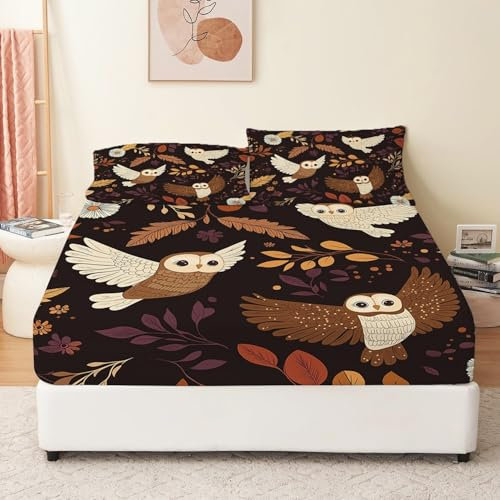 Spannbettlaken 180 x 200 cm Weiche Atmungsaktivem Mikrofaser Cartoon Eule Blätter Matratzenschoner Gedruckt Bettlaken für Boxspringbett Mikrofaser Spannbetttuch bis 25-30 cm Hohe Dunkelbraunes