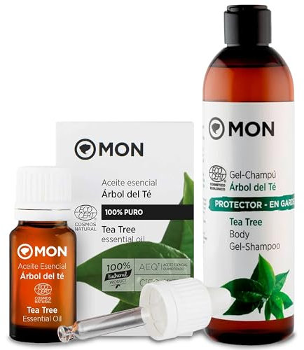 MON Pack Antipiojos Árbol de Té - Sin Químicos Dañinos - Tratamiento Piojos, Ayuda a Eliminar Piojos y Liendres de forma Natural - 2 Productos Champú + Aceite Esencial