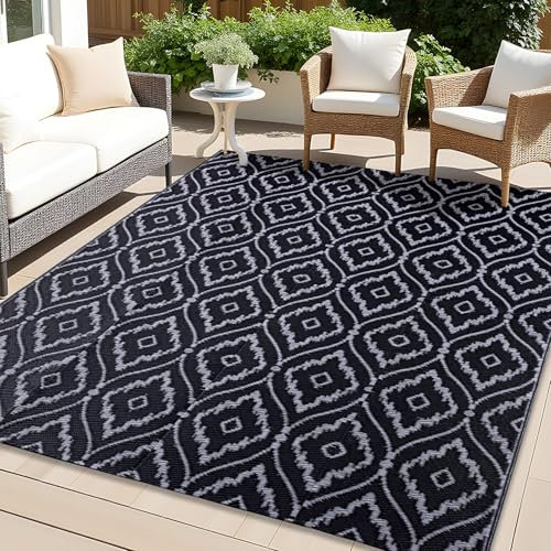 Homaxy Waterproof Outdoor Rug 150 x 240 cm, UV Resistant Reversible Plastic Straw Garden Rug, Portable Easy Cleaning Carpet for Patio, Camping, Balcony, Picnic, Black & Grey