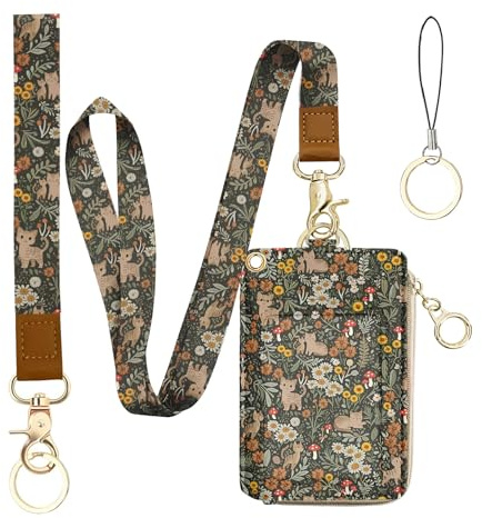 Bolimoss Portefeuille avec cordon floral en forme de chat, mignons cordons à tournesol pour badge d'identité, porte-badge avec cordon détachable pour le cou et le poignet, étui à zip en cuir PU pour