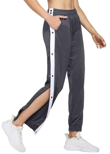 Pantaloni da donna per la riabilitazione, apertura laterale, comodi, traspiranti, con bottoni laterali, in vita, sportivi, pantaloni da jogging a strisce laterali, grigio scuro, L