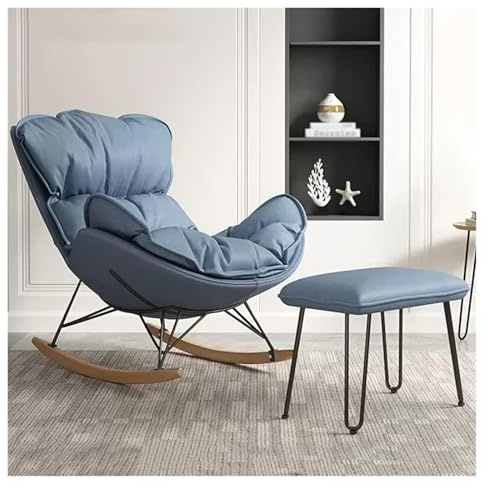 Fauteuil à bascule moderne avec dossier haut ottoman, fauteuil confortable pour salon, design bleu élégant avec pieds en bois durable