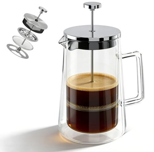 XJJAUGKLY Kaffepress French Press 1 liter, kastruller rostfritt stål och glas med dubbelväggig isolering, värmebeständig kaffekanna för perfekt kaffe, te, kall brygga, perfekt för kontor, hem (1000 ml