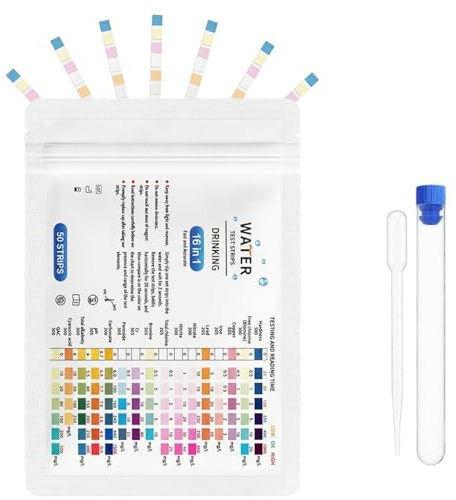 Lot de 50 Bandelettes de Test 16 en 1 pour l'Eau Potable, Testeur Eau Aquarium avec Compte-gouttes pour PH Dureté Totale Plomb Cuivre, Bandelette Piscine pour Fontaines l'Eau du Robinet Piscine