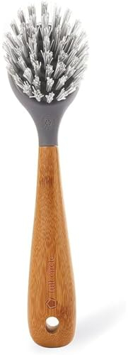 Full Circle Tenacious C Spülbürste mit Bambusgriff und Schaber - Weiter Bürstenkopf und Feste Nylonborsten zur Reinigung von Gusseisen, Töpfen, Waschbecken, Naturstein - 6,5 x 6 x 23,50 cm, Grau