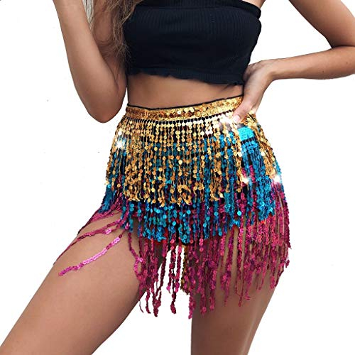 Wuchieal Pailletten Glitzer Rock Bauchtanz Hüfttuch Kostüm Quaste Outfits Gürtel Festival Kleidung (Regenbogen, One Size)