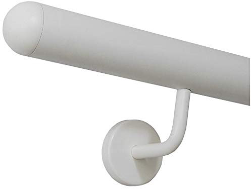 TIBU Handlauf Edelstahl weiß pulverbeschichtet 42,4 mm Geländer innen außen wetterfest, Länge 140 cm mit 2 Halter Enden halbrunde Kappe