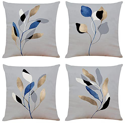 BCKAKQA Leaf Cushion Covers 45cm x 45cm Set of 4 Grey Decorative Throw Pillow Covers 18x18 inches Soft Polyester Square Cushion Cases for Living Room Sofa Couch Bed Pillowcases