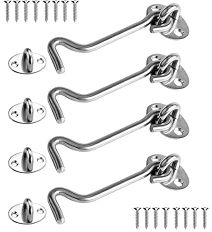 Kabinenhaken Edelstahl 4pcs, Kabine Haken 4 Zoll , Sturmhaken, Fensterhaken Helter Locking Türschloss mit 16 Stück Montage Schrauben 8 Auge Türriegel für Türen Garagentor Fenster Hangartor(Silver)