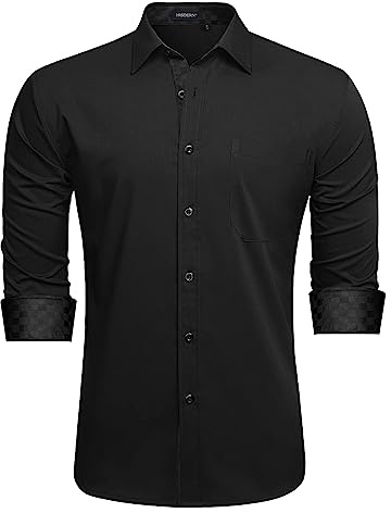 HISDERN Camisas Negras para Hombre Camisas de Vestir Formales de Manga Larga de Corte Regular con Botones y Bolsillo