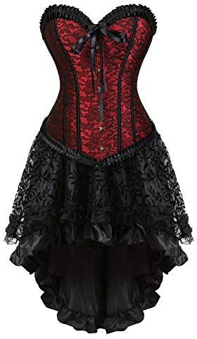 WLFFW Bustino Corsetto Donna Gotico e Gonna Tutu Pizzo Sottile (EU(32-34) S, Rosso)
