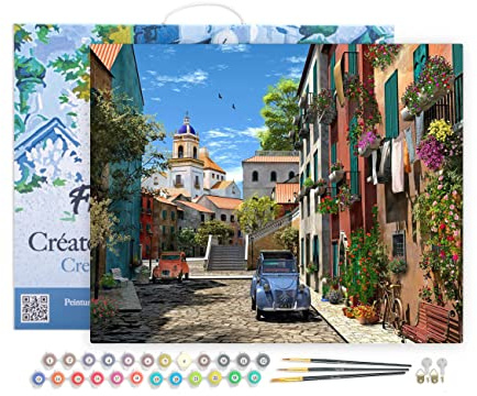 Figured'Art Peinture par Numéro Adulte avec Cadre Ruelle et 2 CV - Activité Manuelle Kit de Loisir Créatif DIY Numéro d'art Complet - 40x50cm Toile tendue sur châssis
