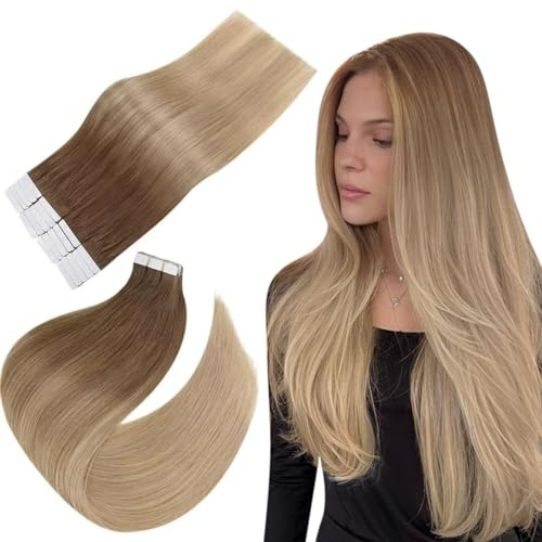 Easyouth Ombre Tape Extensions Echthaar Blond Echthaar Tape in Extension Goldbraun Balayage Dunkelblond Echthaar Extensions Tape Remy Menschenhaar Volumen ins Haar Geben #10/14 35 cm 40g 20pcs