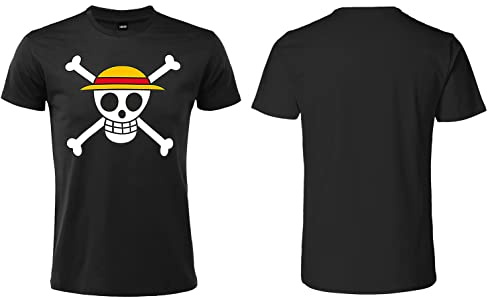 Sabor SRL - T-Shirt One Piece Cappello di Paglia Logo Teschio Ufficiale. Maniche Corte. 100% Cotone. Unisex. Taglie da Adulto Ragazzo. (Nero, S)