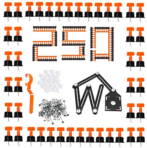 Kit med 250 st självnivellerande kilar för återanvändbara kakelplattor med 100 brickdistanser 2 mm och 1 specialnycklar och 1 flervinkellinjal lämplig för kakelgolv
