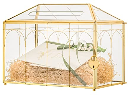 NCYP Gold Glass Cards Box with Slot and Lock for Wedding Reception - 32 x 15 x 23 cm Geometric Vintage Envelops Holder, Party Decor - Slot Length 18.5 CM (Glass Box Only)