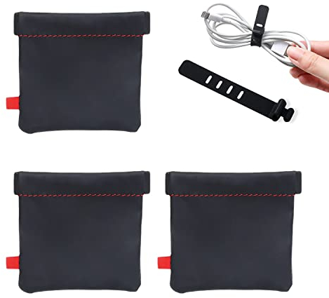 3 Bolsas de Almacenamiento + 1 Correa de Goma Suave, Bolsa de protección para Auriculares, Bolsa de Almacenamiento portátil de Cierre automático, Adecuada para Auriculares, Cables de Datos,(Negro)