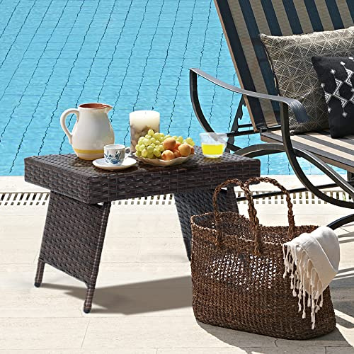 LIFEZEAL Mesa de Café de Ratán, Mesa Plegable con Estructura de Acero & Almohadillas para Pies Ajustables, Mesa Baja para terraza, jardín, Junto a la Piscina, 60 x 40 x 40 cm
