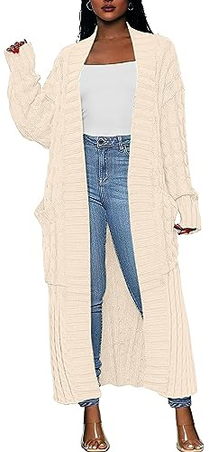 Caracilia Womens Long Cardigan Sweaters 2025 Fall Open Front Coat Long Sleeve Cable Knit Maxi Outerwear Trendy Jacket Clothes Beige X-Large