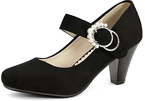elerhythm Mary Janes Escarpins à talons carrés rétro années 1920 Gatsby années 50 vintage fermé bout rond boucle perle sangle cheville pour femme, Noir , 38.5 EU
