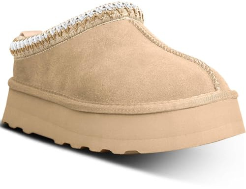 metricfalcon Plateau-Mini-Stiefel für Damen, Hausschuhe, Slipper aus Pelz/Fleecefutter/Wildleder, kurze Stiefeletten, Beige, 38 EU
