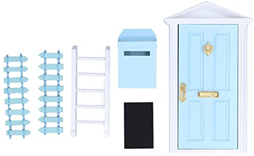 Maison de Poupée en Plein Air, Scène Miniature Colorée, Porte à Flèche, échelle, Clôture, Boîte aux Lettres, Tapis de Pied, Mini Porte en Bois, Fabrication Exquise, Porte (Bleu)