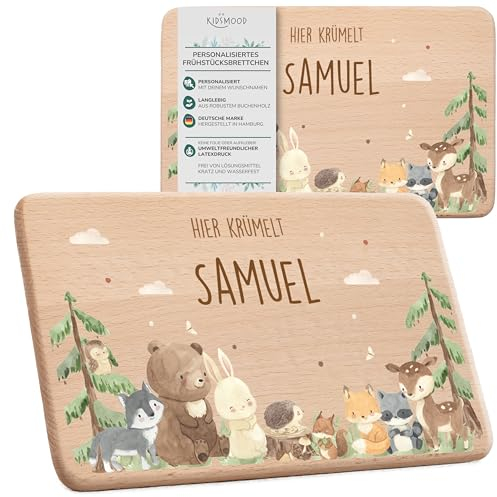KIDSMOOD - Individuelles Frühstücksbrettchen Kinder Holz, Hier Krümelt Brettchen personalisiert mit Wunschnamen und Tier-Motiv, Als Taufgeschenk und Babygeschenk