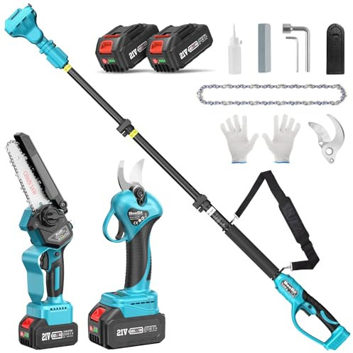 SEESII P6 Combo 6 Pulgadas Mini Motosierra Telescopica & 33 mm Tijeras de Podar Eléctricas, 4 en 1 Kit de Herramientas de Jardín con 2 * 4000 mAh Baterías, Alcance Máximo Hasta 4,57 m