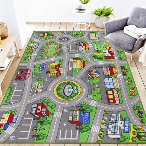 Capslpad Tappetino da gioco per auto, 150 x 200 cm, antiscivolo, con mappa della città, tappeto interattivo, lavabile in lavatrice, creativo, educativo, per bambini, adolescenti, stanza dei giochi