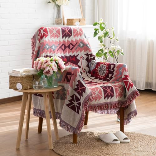 LumiSyne Doppelseitige Baumwolle Gewebt Decke Überwurf Mit Quaste Böhmische Geometrisch Muster Vintage Ethnischer Stil Dekorative Decke Für Bett Couch Sessel Camping Wandteppich Tischdecke Teppich