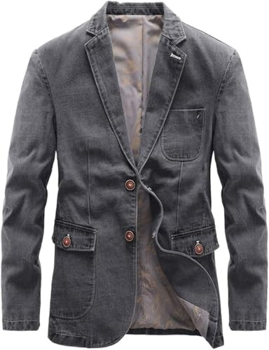 Blazer en Jean Slim Décontracté Multi-Poches pour Hommes Printemps été Automne Veste De Costume De Sport Légère à Revers Portable (Gris,XL)