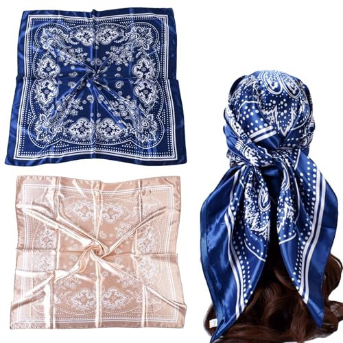 ARROMI 2 Stück Seitentuch 90x90, Seitentuch Haaretuch 90x90, Halstuch Damen, Haartuch Haartücher, Schal Damen Seite Gefühl Schal Frauen Seidenschal Schal, Haartuch Haartücher (Camel Color+Navy Blue)