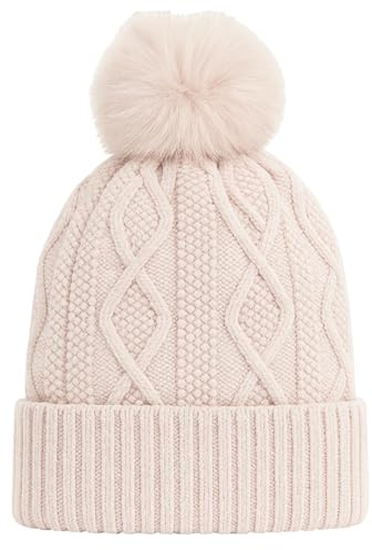 MIJOMA Gorro de chenilla suave con pompón de piel sintética | Gorro de punto para los días fríos de invierno | Gorro de caniche accesorio cálido, beige, Talla única
