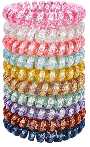 JessLab Spiral Hair Ties, 10 Pcs No-Damage Elastic Bands, Bobbles for Women | Glitter Mix, Small Clear Coils for Thick or Fine Ponytails, Kids and Girls, Water-Resistant for Swimming, Gym, School